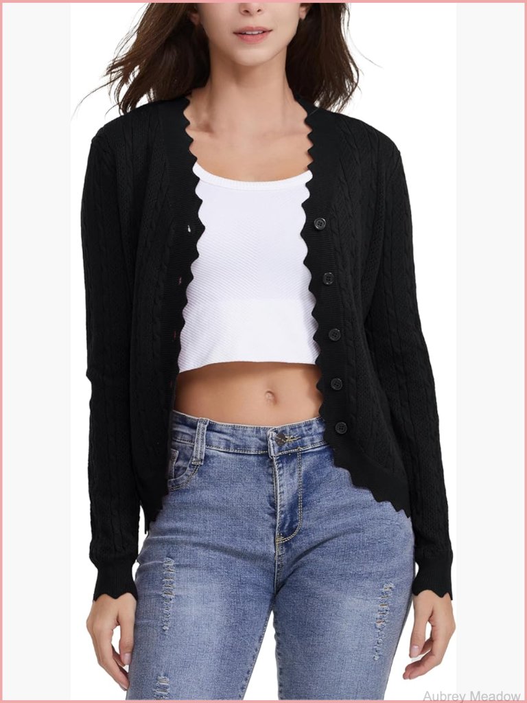 V Neck Crochet Lace Button Down Cropped Cardigan Long Sleeve